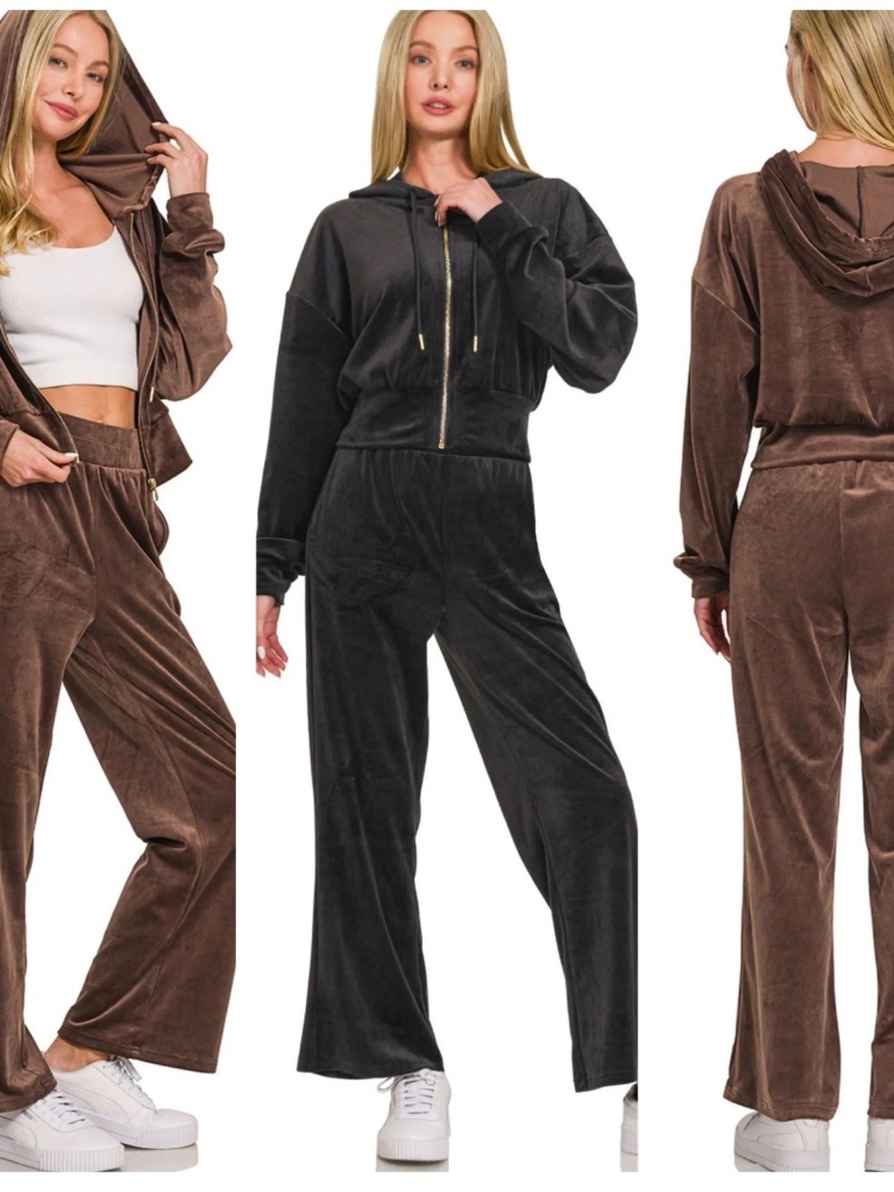 Zenana Outfitters Velour Wide-Leg Pants & Zip Hoodie Set - Black & Brown